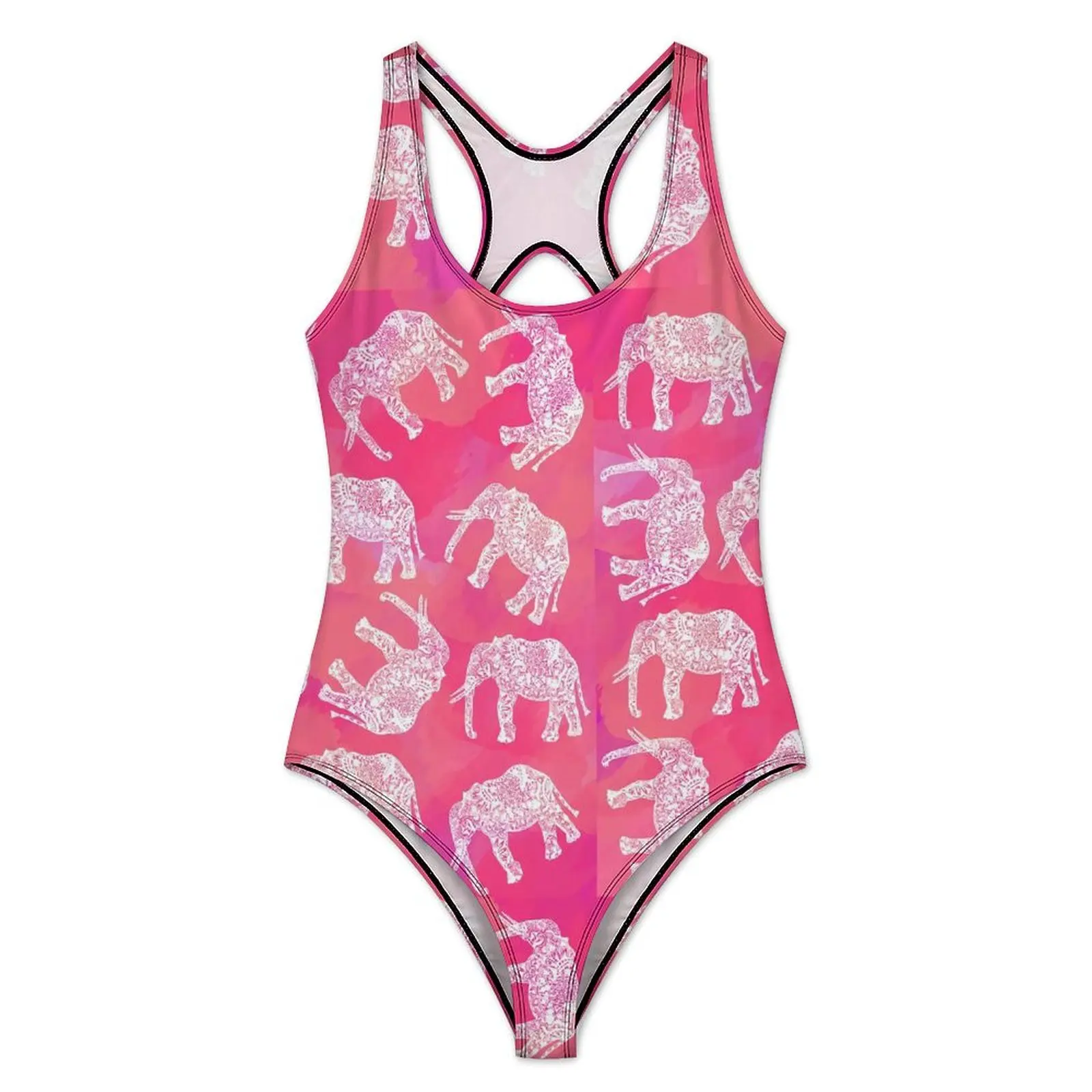 Tribal Floral Elephant Swimsuit Sexy Pink Animal Print One Piece Swimwear Push Up Swimsuits Fantasy Surfing Bathing Suits