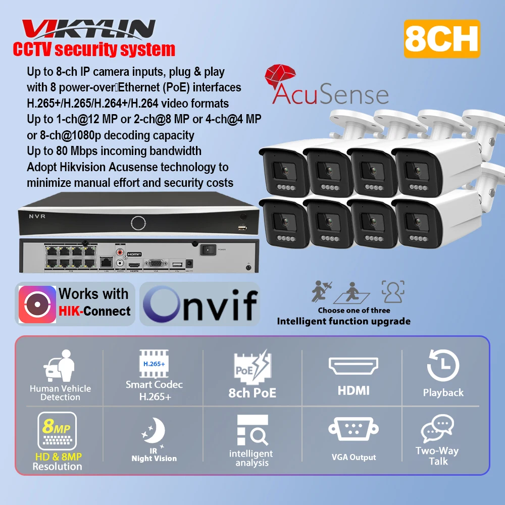 

Vikylin система домашней безопасности для DS-7608NXI-Q1-8P OEM POE NVR 8MP ИК ночного видения IP-камера наружное видеонаблюдение комплект видеонаблюдения