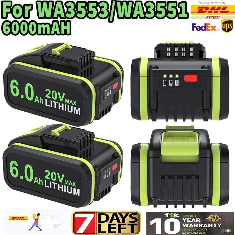 6000mAh Per Worx WA3551 Batteria per elettroutensili a batteria 20V WA3572 WA3553 WA3551.1 WX390 per tutti gli attrezzi elettrici e da giardino WORX