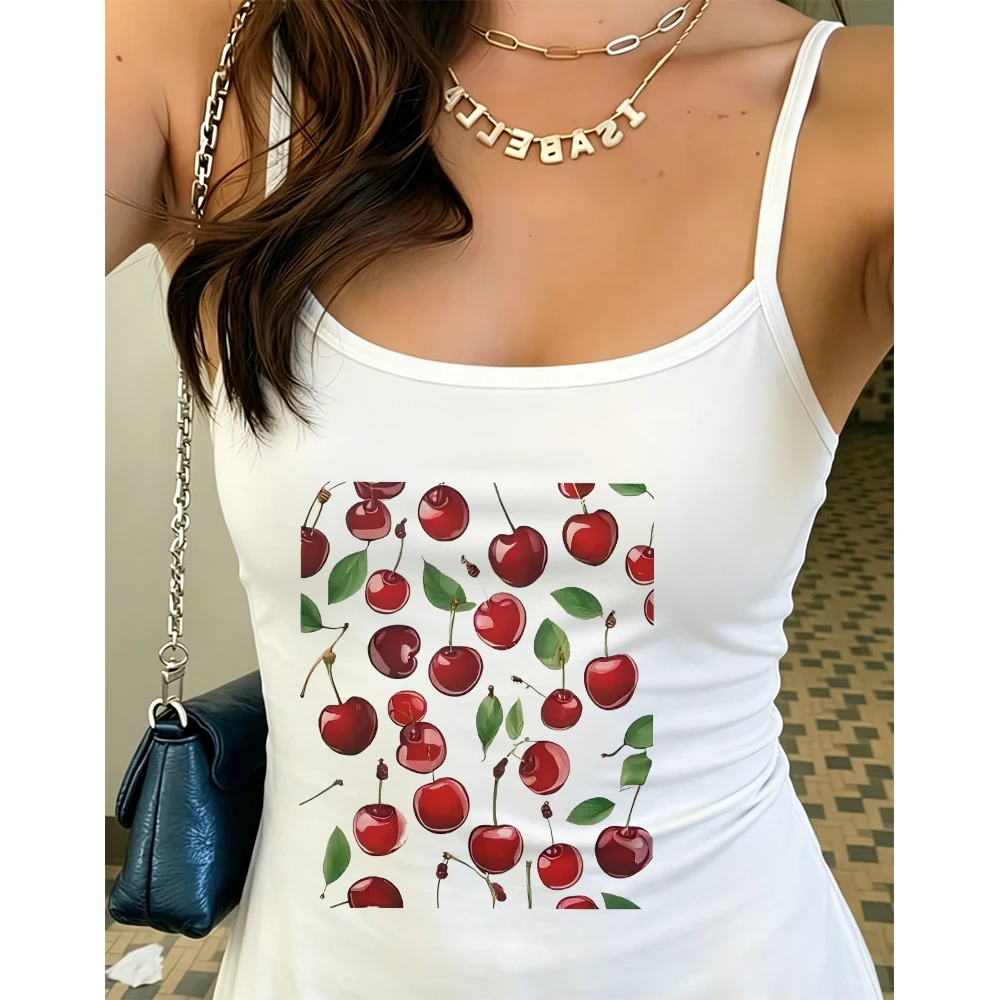 Summer Vacation Cherry Print Camisole Women Holiday Tank Top Sleeveless Vest Beach Party Slogan Tee Relaxed Vibe Fashion Top