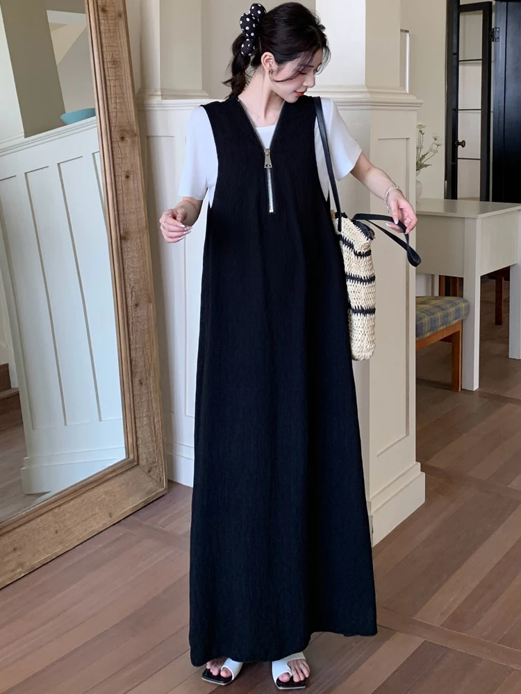 NYFS ชุดสตรีฤดูร้อนหลวมพลัสขนาดแขนสั้น 2 ชิ้นชุดวันหยุด T เสื้อ + ชุดสีดํา Robe Ete femme Elbise 2025 ใหม่