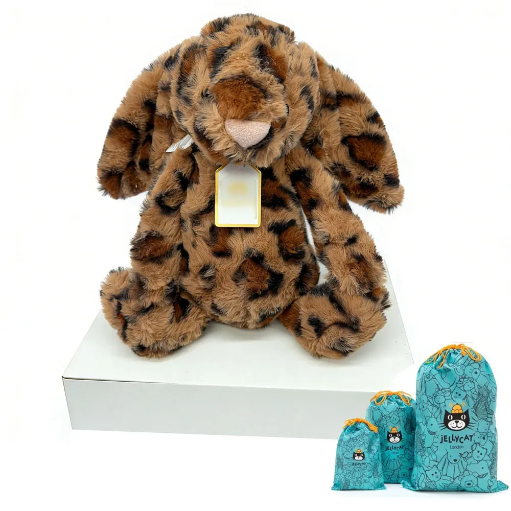 Nieuwste Jellycat Bonnie Rabbit Pluche Konijn met Luipaardprint, met Label, Zachte Bloemenoren, Cartoon Konijn Pop, Verjaardagscadeau, Huisdecoratie