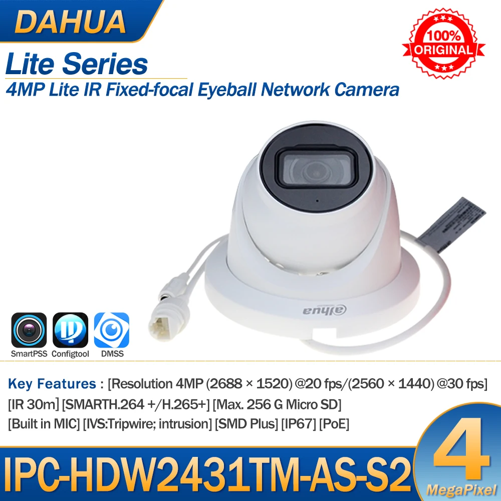 

Dahua IP Camera 4MP IPC-HDW2431TM-AS-S2 PoE IR 30M Build-in Mic SD Card Slot Starlight IP67 Original Upgrade Video Surveillance