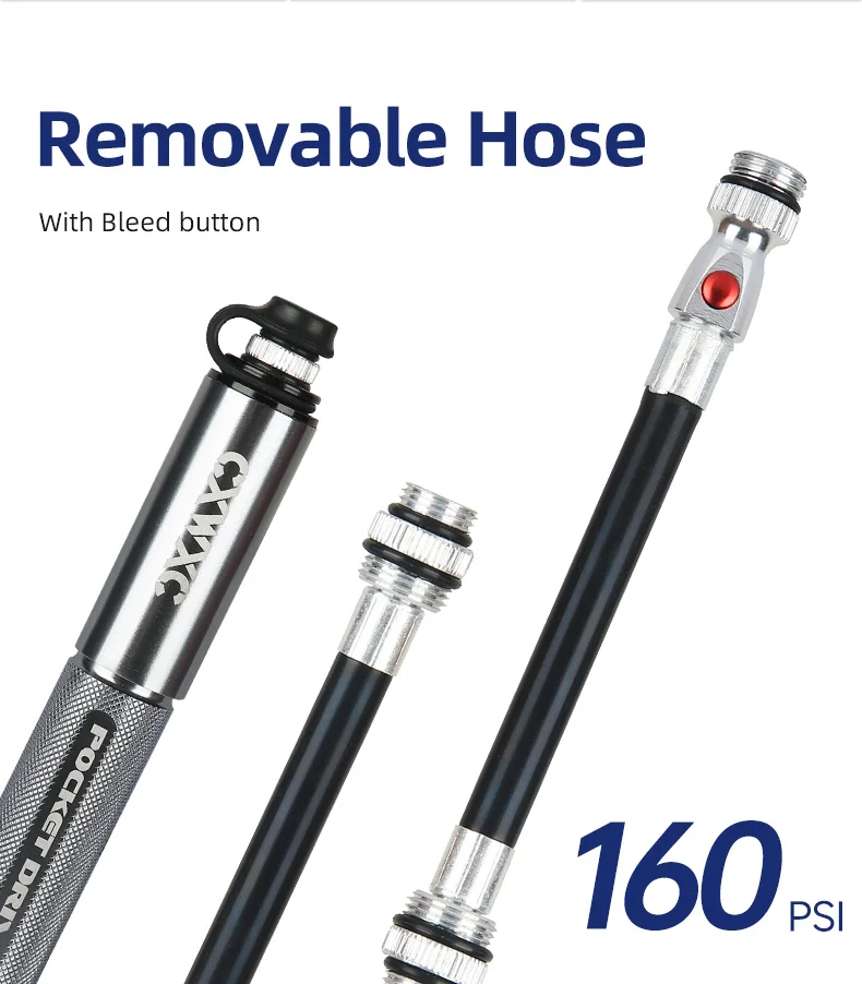CXWXC Mini-Fahrradpumpe, max. 160 psi, tragbar, Schrader, Presta-Ventil, Luftpumpe, Aluminiumlegierung, Radfahren, versteckter Schlauch, Reifen, Handluftpumpe – Detail 7