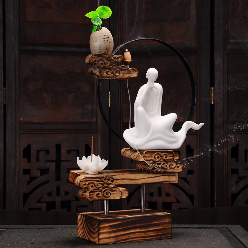 Chinese-Style Home Decor: Weathered Wood Ceramic Backflow Incense Burner, Zen-Inspired Cloud Ornament, Entrance Decoration Piece