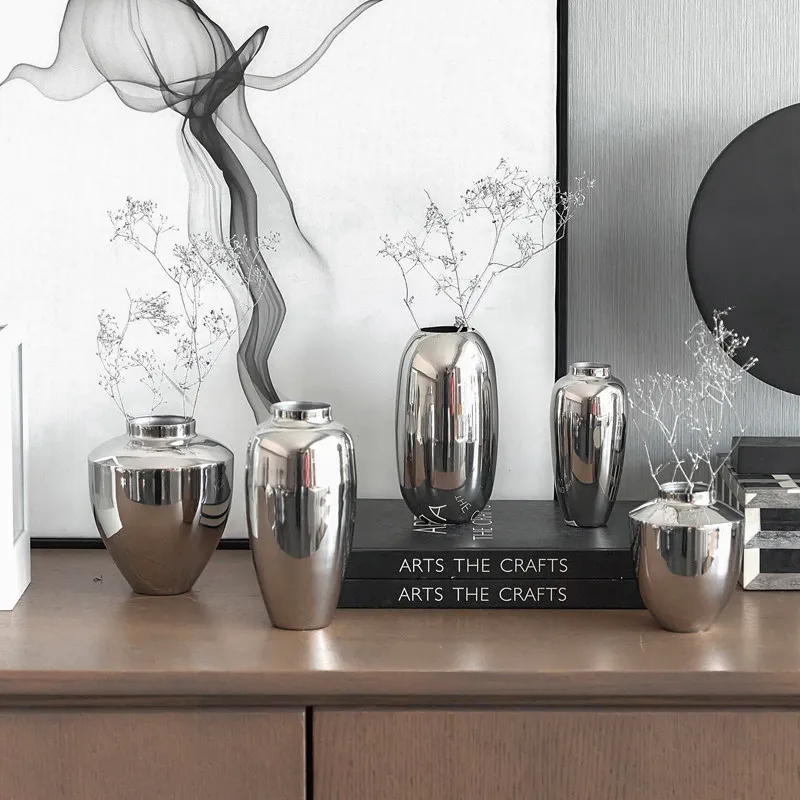 Indian modern simple stainless steel silver flower ware,  TV cabinet background wall creative decorative vase ornament