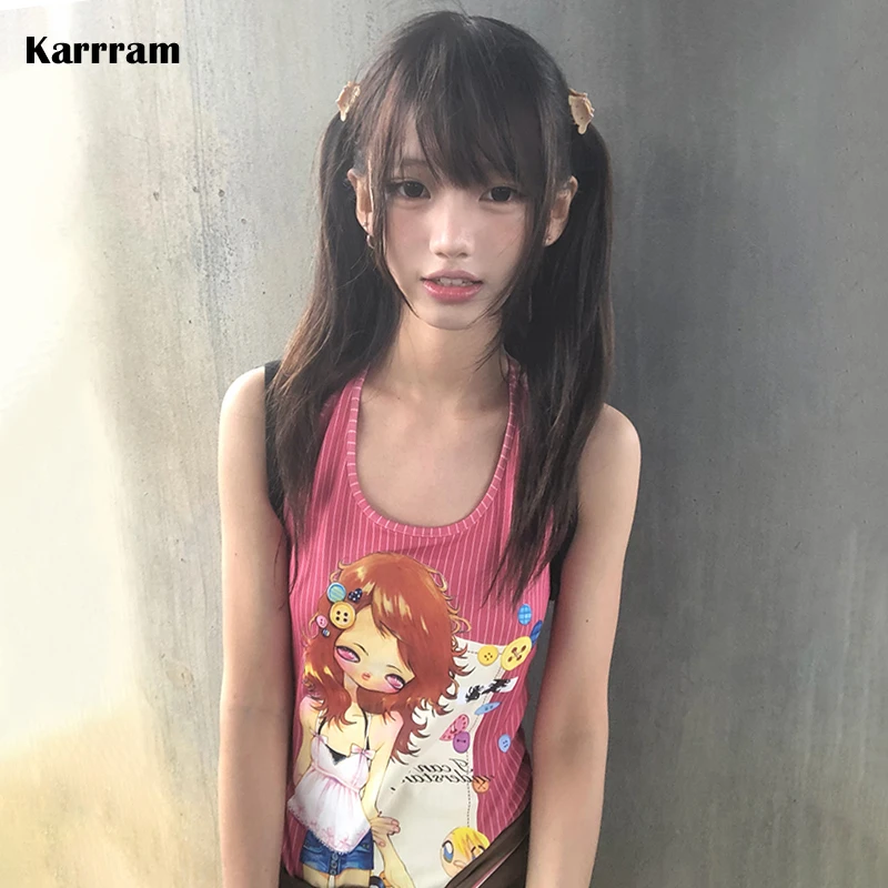 Karrram Japanischer Y2k Anime-Print Neckholder-Tops im 2000er-Stil, rosa gestreiftes Tanktop, Vintage Harajuku Cutecore Camis-Tops, amerikanische 90er