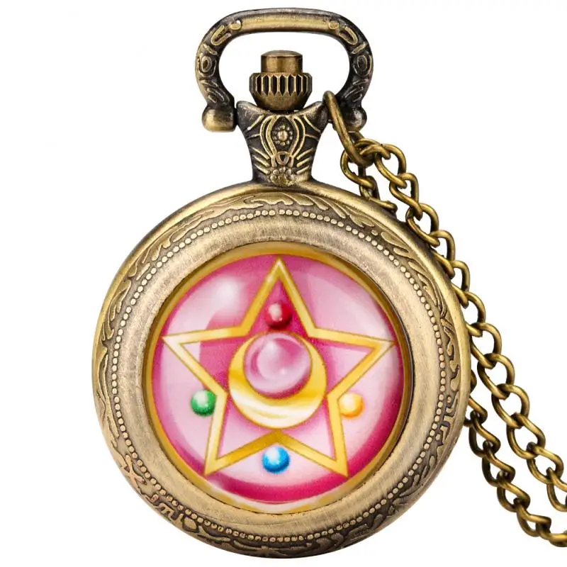 Medium Size Superb Magic Pentagram SAKURA Quartz Pocket Watch Fashion Necklace COS FOB Chain Women Chain Pendant Clock for Girls