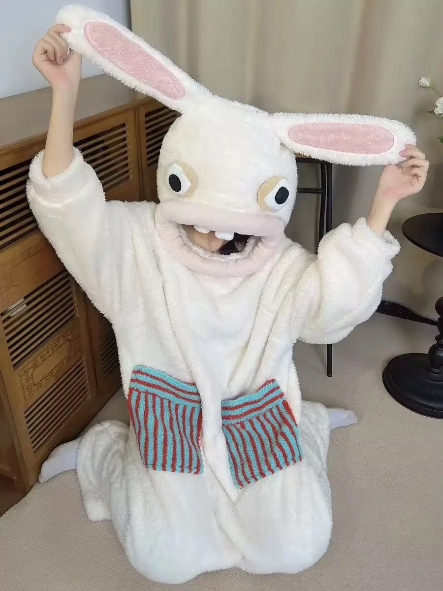 Rabbit Cosplay  Anime Flannel Jumpsuit Adult Long Sleeve Long Pants Hooded Warm Cute Cartoon Style Homewear Soft Sleepwear Gift image 6