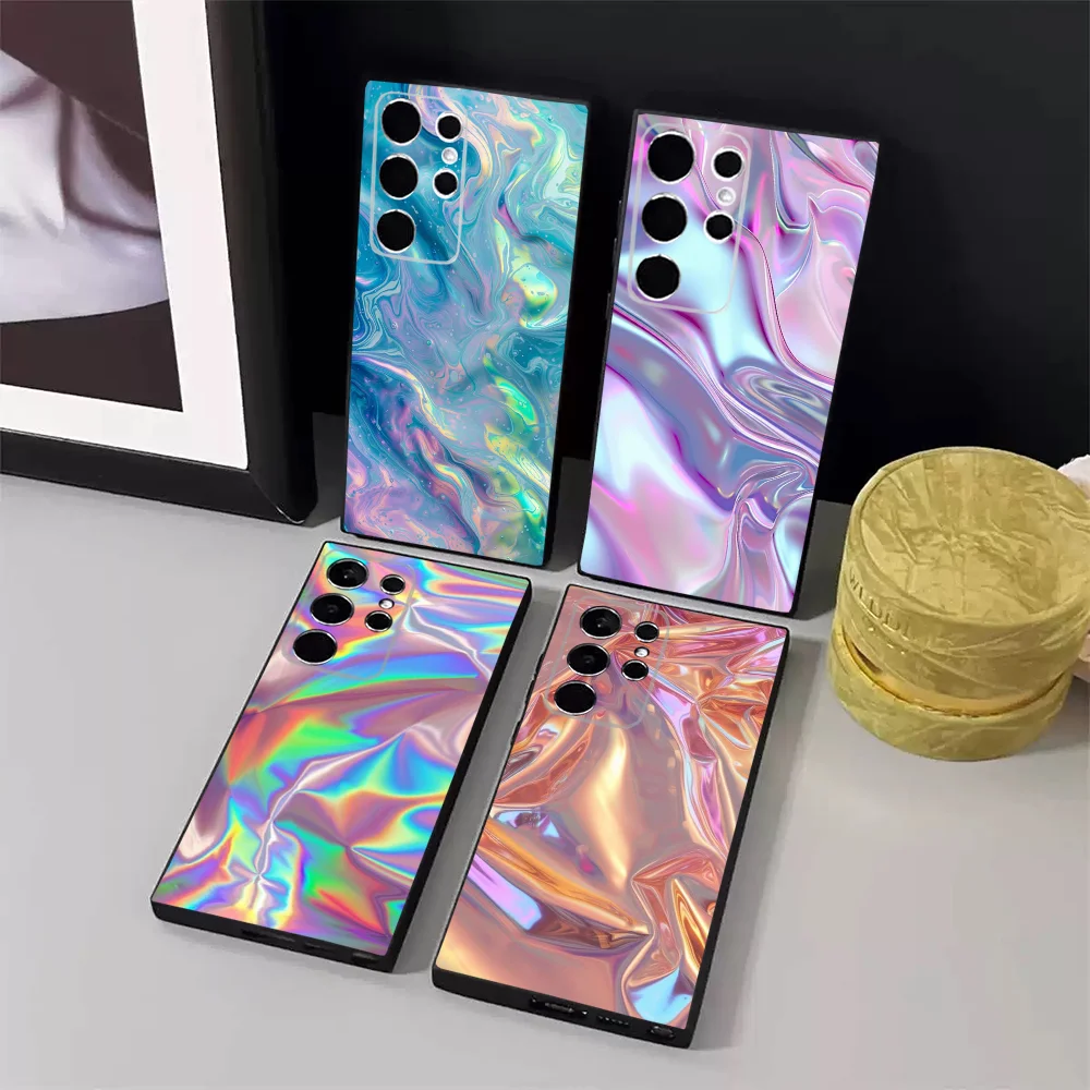 Rainbow Holographic Iridescence Phone Case For Samsung S24,23,22,30,21,10,9,Ultra,Plus,Lite,FE,5G Black Soft Case