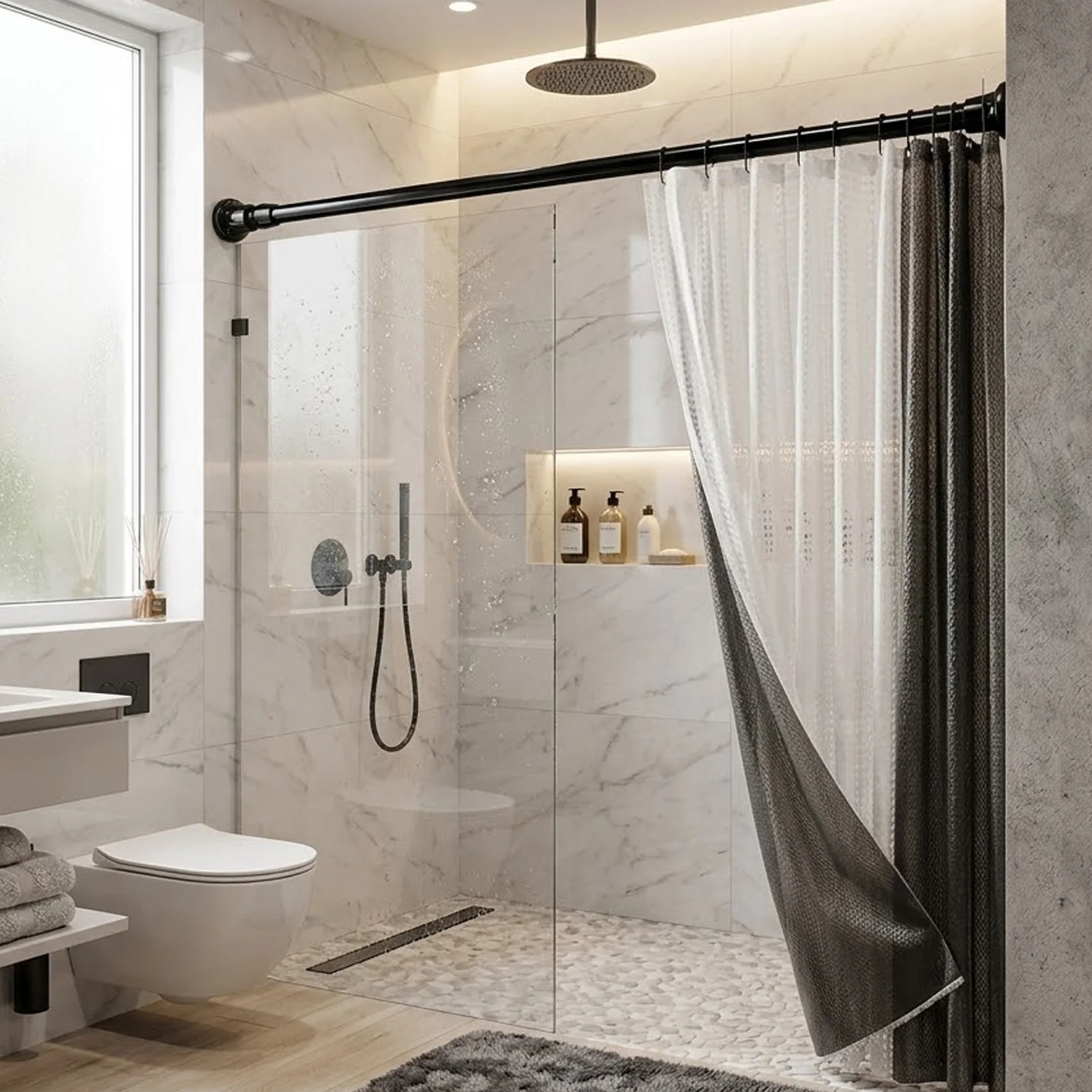 Shower Curtain Rod Adjustable White Metal Tension Pole for Renters Bathroom Dry Wet Separation Rustproof Home Decor