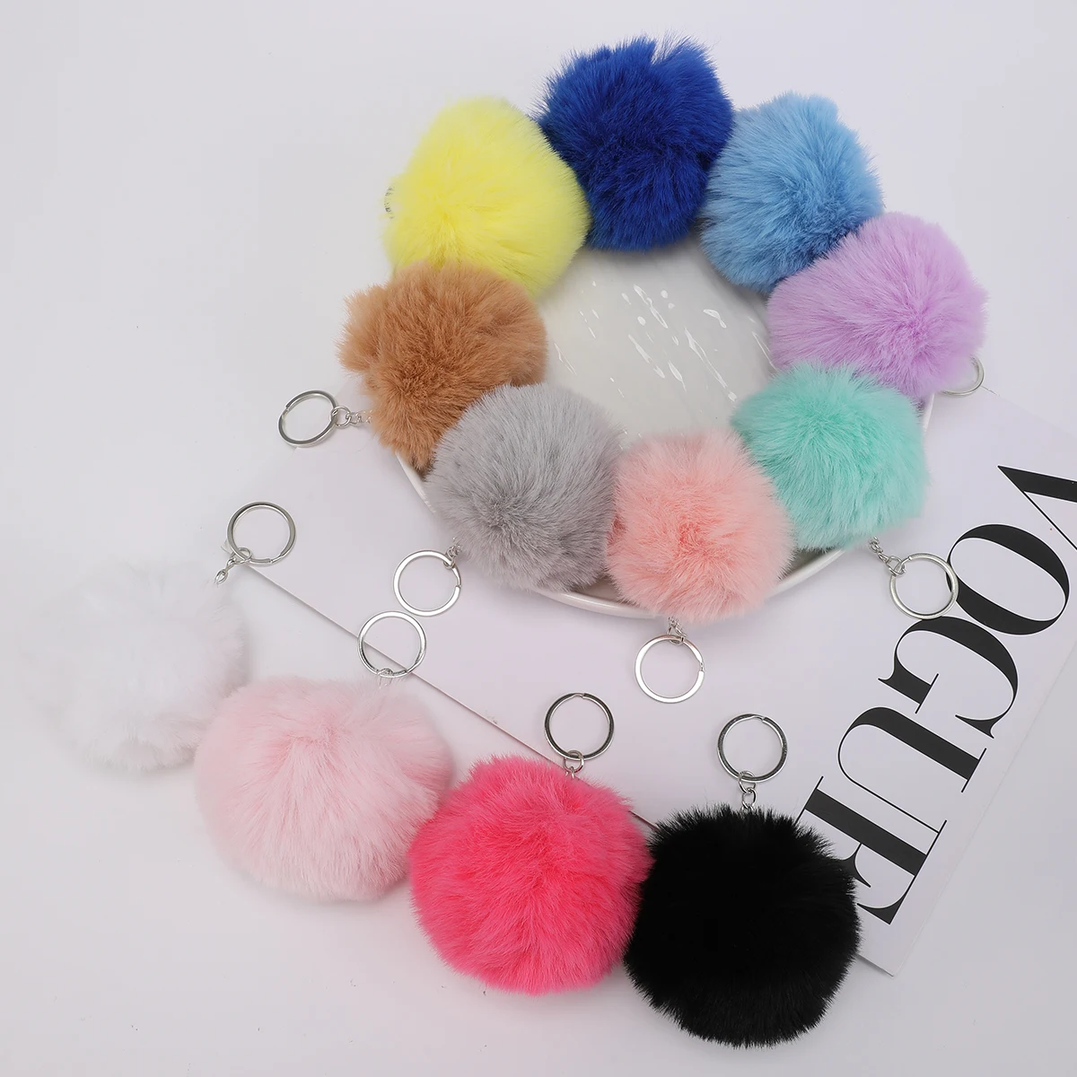 12 pcs Simulation Rabbit Fur Ball KeyChain Fashionable Wallets backpack bag Accessories Mobile Phone Car Plush Pendant Key Ring