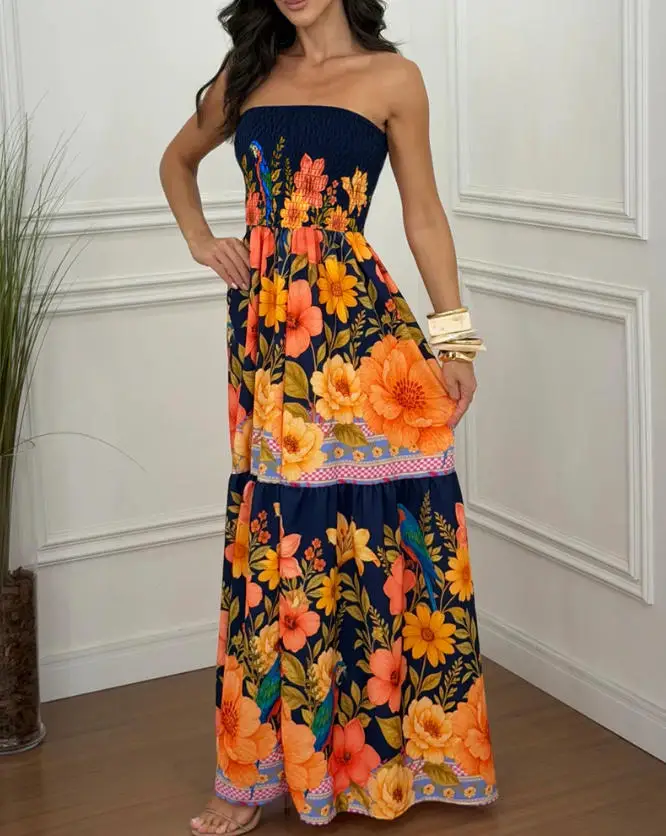 

Women Dresses 2026 Spring New Fashion Floral Printed Strapless Shirred High Waist Casual Daily Vacation Long Dress