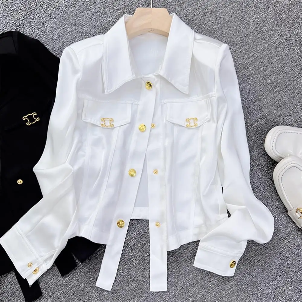 Francês elegante blusa de cetim jaqueta feminina ácido acético manga longa camisa curta topos senhora do escritório moda doce vintage streetwear