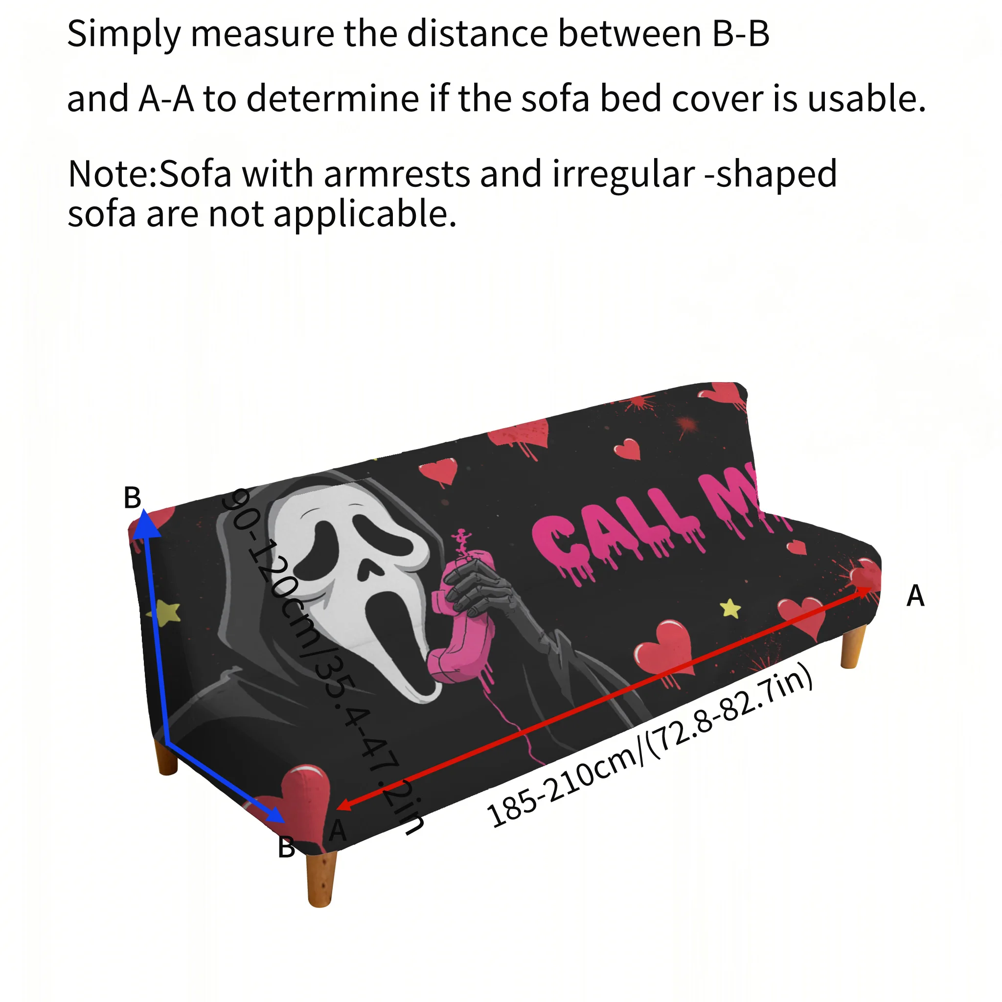 Armrest-free stretch-printed sofa bed cover, Halloween funny pattern, dust-proof machine-washable sofa bed cover