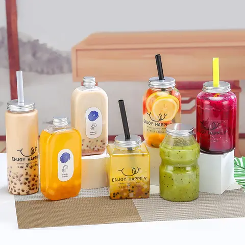 1pcs Plastic Milk Tea Drink Bottle Take Out Coffee Milk Tea Bar Supplies Mason Jars Drink Storage Containers For Food Party