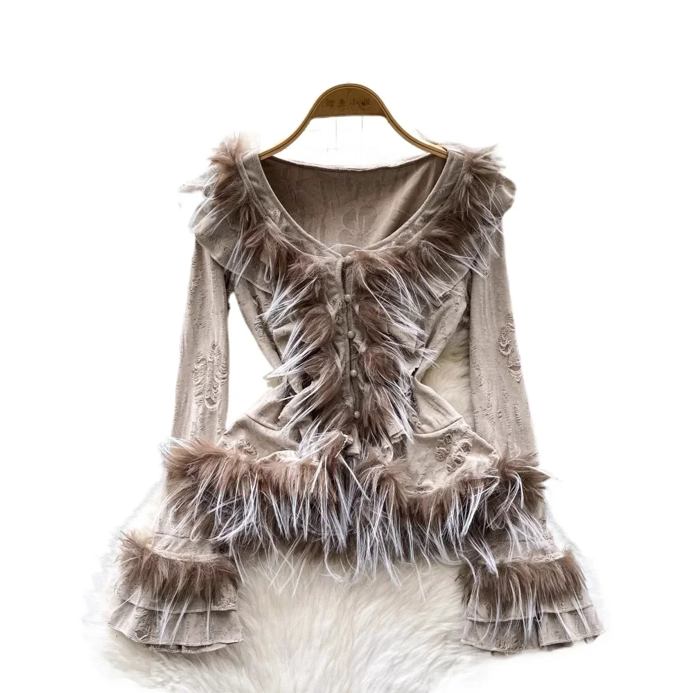 DistMurcia-Haut épissé en plumes pour femmes, manches évasées, streetwear français, vêtements High Street, Slim, Vintage Hole Basics, automne, hiver