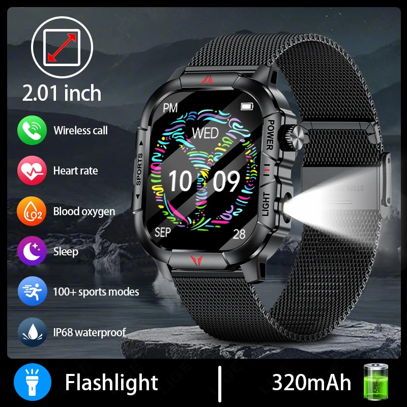 

Смарт-часы LIGE с LED-фонариком для мужчин, водонепроницаемые, с HD-экраном 2,01 дюйма, фитнес-браслет, военные, для активного отдыха, спортивные смарт-часы для мужчин