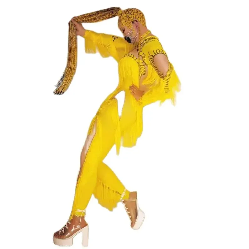 الهذيان الزي النساء جوجو راقصة زي الأصفر مهدب بذلة مثير القطب الرقص ارتداءها بار ملهى ليلي Ds Dj مرحلة الحفلات