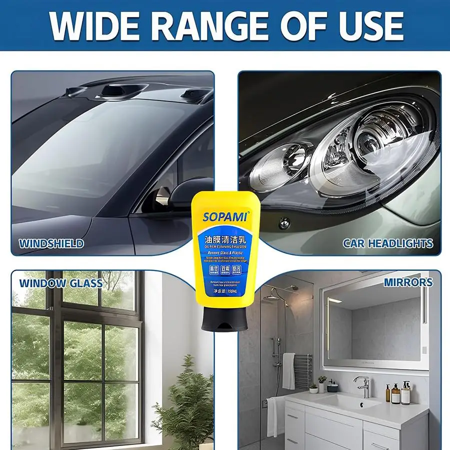 150ml Car Glass Oil Film Remover Emulsion With Sponge, Windshield Window Rearview Mirror Stain Cleaner, Anti-fog Anti-rain Glass view 6