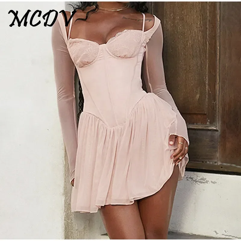 Sexy Square Neck Lace Party Short Dresses Women Long Sleeve Fishbone Partchwork Fairy Mini Dress 2024 Summer New Fashion Clothes