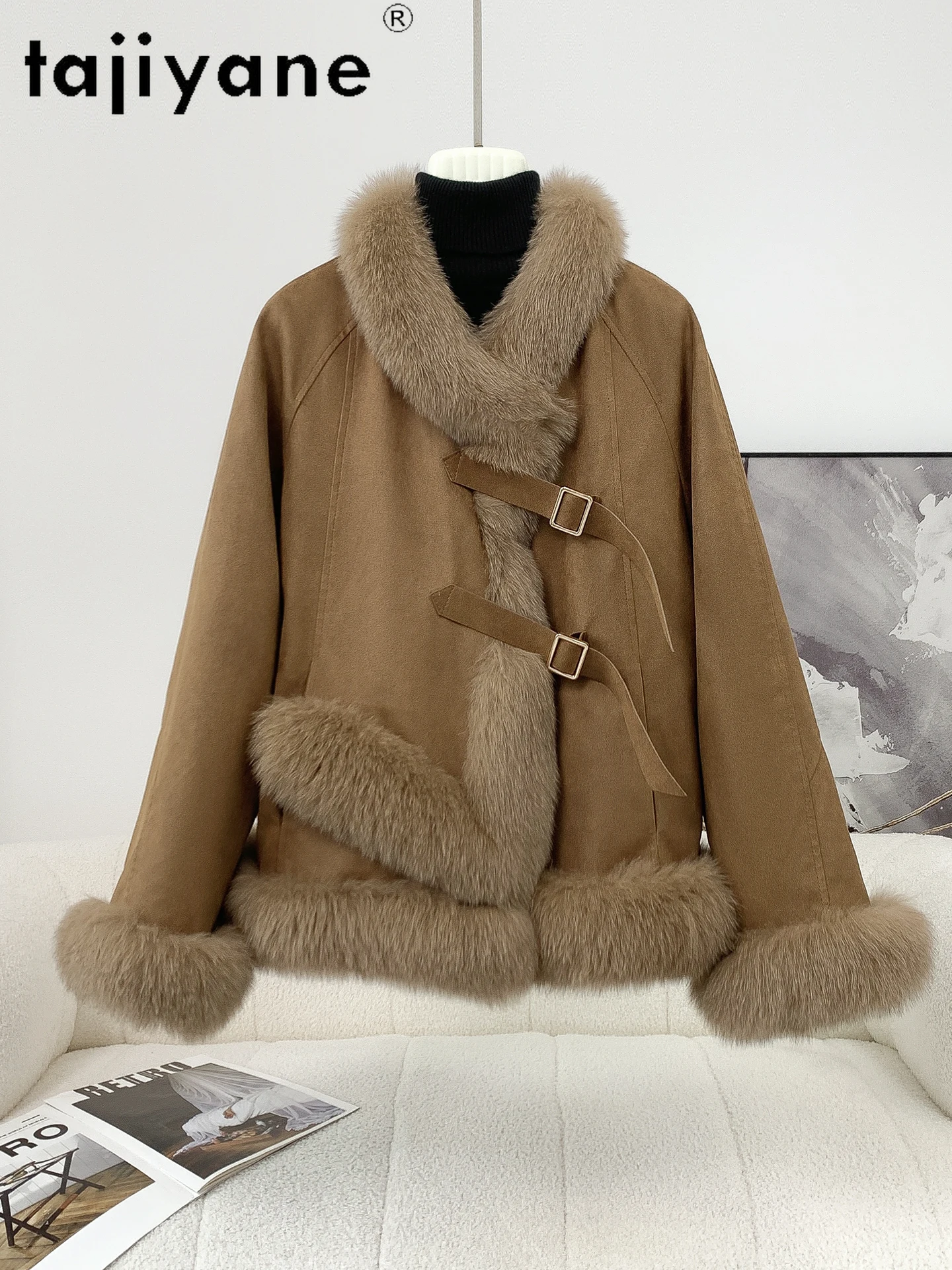 TAJIYANE Vossenbont Suède Jas Vrouwen Elegante Ganzendons Jassen Hoge Kwaliteit Vrouwelijke Outerwears 2025, Winter Vrouw Kleding ropa mujer