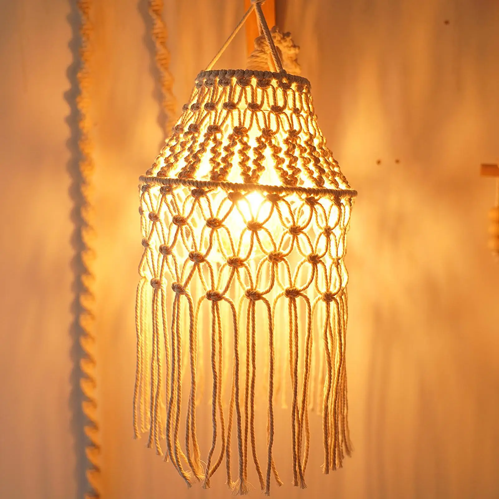 Imagem -03 - Woven Macramé Lampshade Luminárias Pendurado Abajur Bege Diy