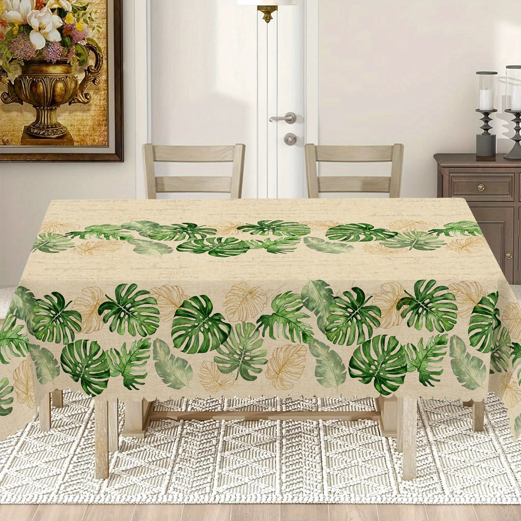 One tropical palm leaf tablecloth - Rhine stone green plant pattern design in polyester material