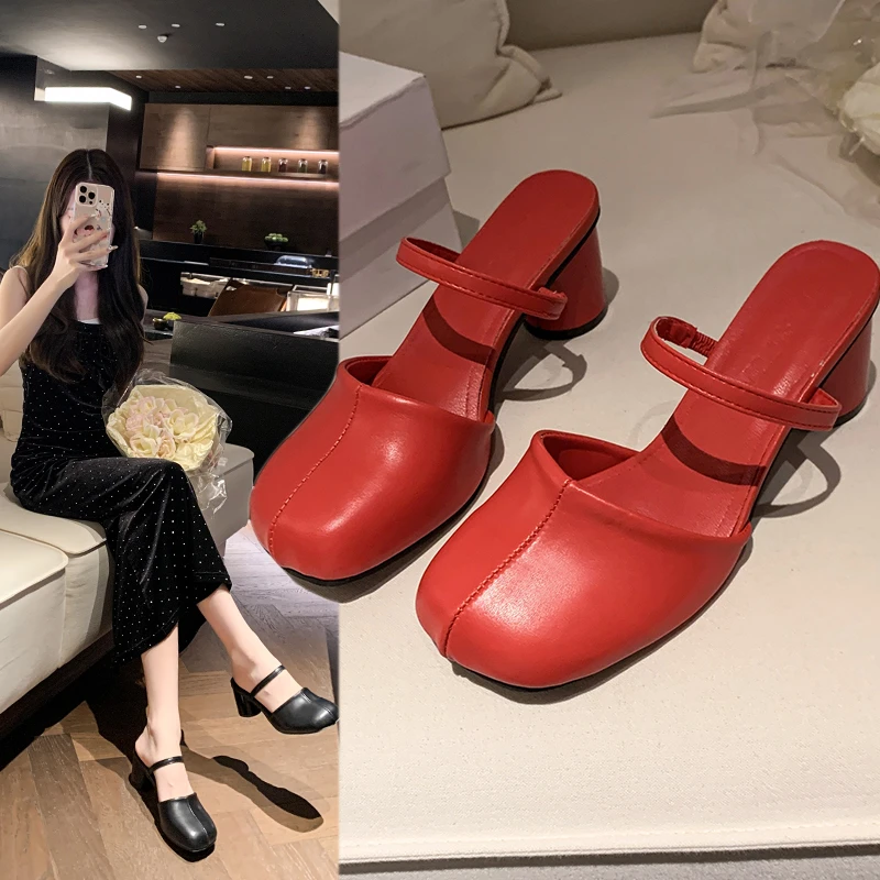 The 2025 New Half-toe, Half-slipper Women's Thick-heeled Outerwear Fashion Summer One-line French High-heeled Cool Flip-flops