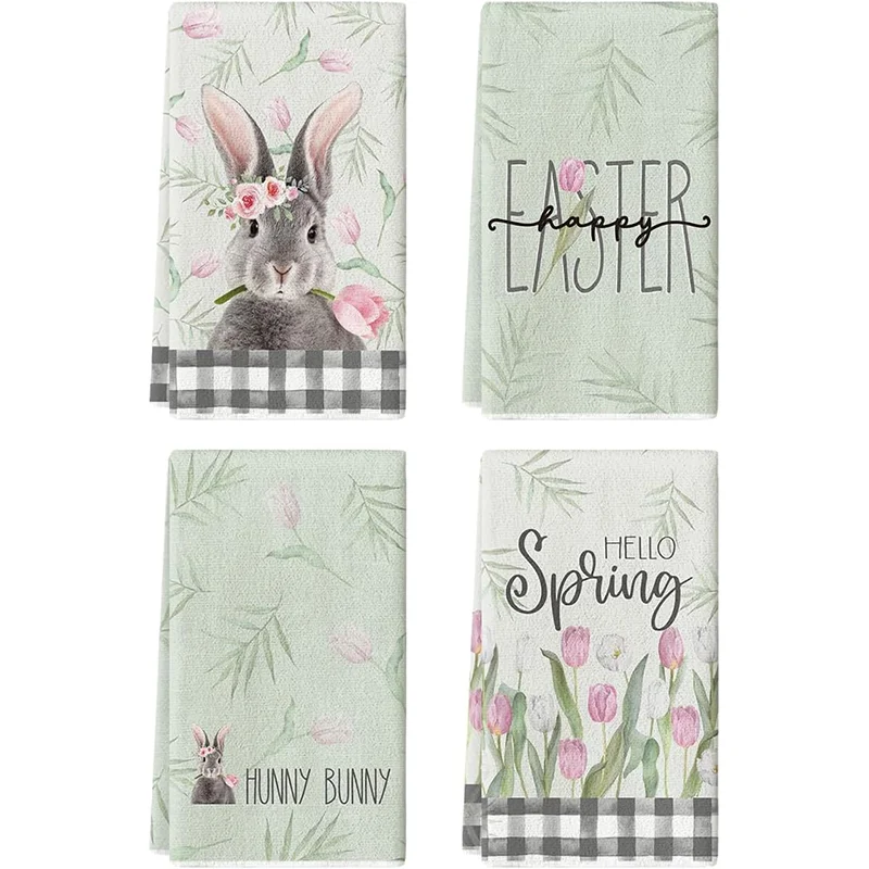 4Pcs, Easter Green Plaid Tulip Bunny Kitchen Towels, 40Cm*60Cm Towel Set, Super Absorbent Soft Cleaning Cloth, Cooking and Baking Tea Towel, Hand Towel, Cleaning Cloth, Dishcloth, Kitchen Decoration, Living Room Decorations, Kitchen Essentials, Home Essentials