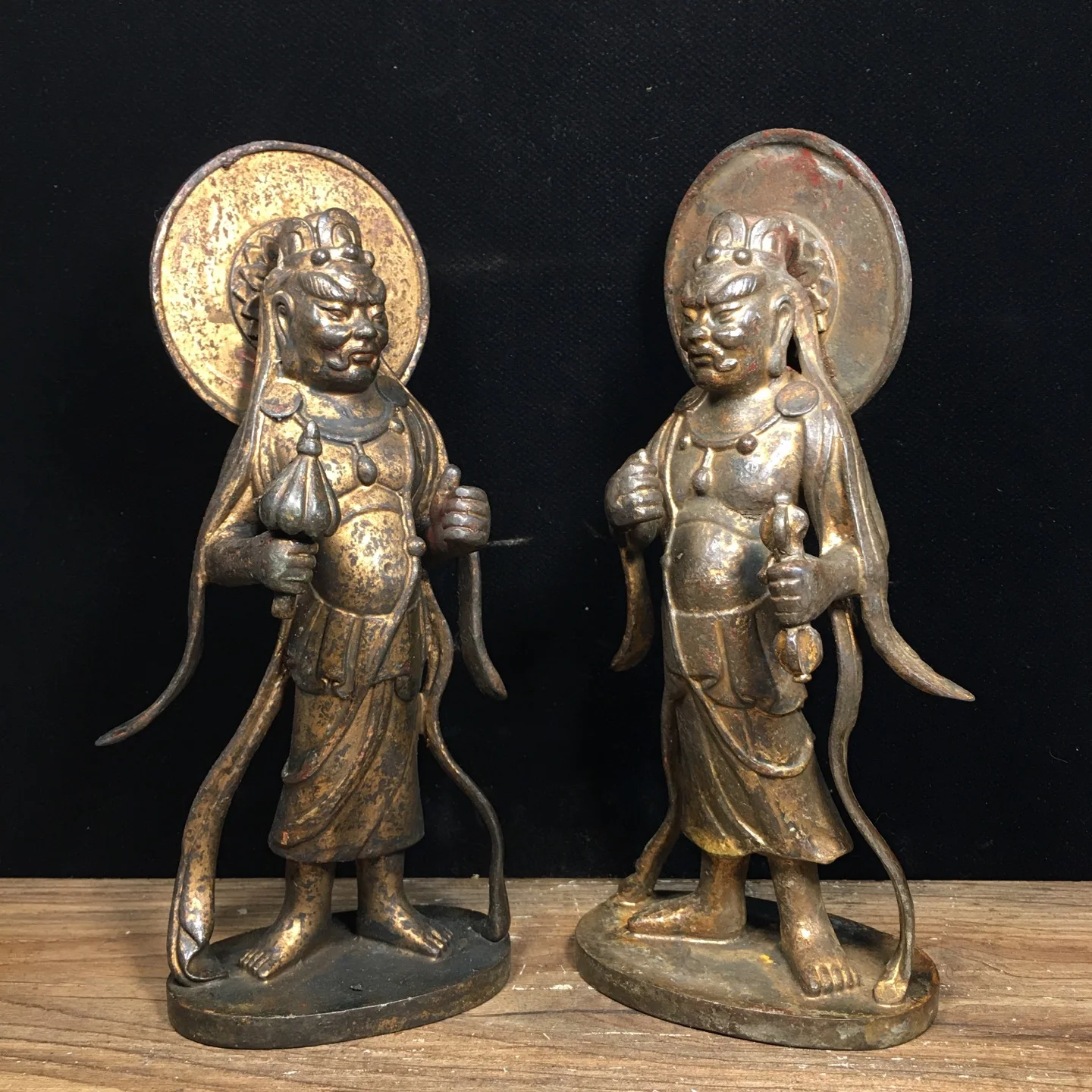 Temple Collection Old Bronze Cinnabar Diamond Buddha Door God Statue immortal a pair Worship Hall Town house Exorcism