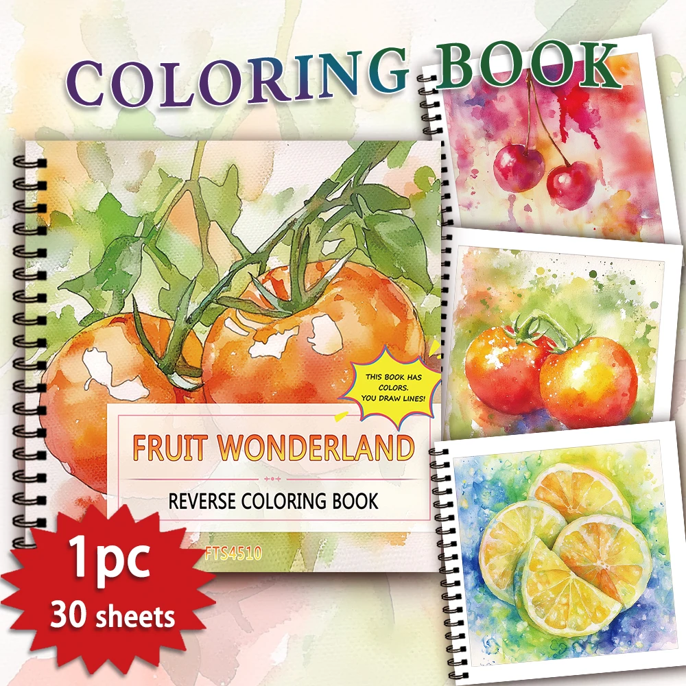 1pc Watercolor Vegetables Fruits Reverse Coloring Book, 30 Thick Pages 100gsm,Relax Creative Lines,Ideal Gift for Family Friend