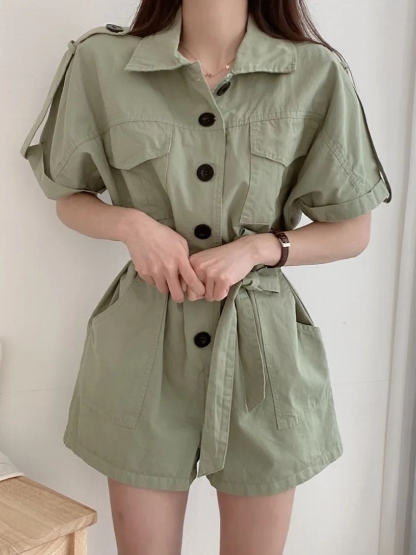 레트로 벨티드 하이웨이스트 슬리밍 유틸리티 점프수트 싱글 버튼 루즈 와이드 레그 오츠 워크웨어 슬레 여름 패셔너블