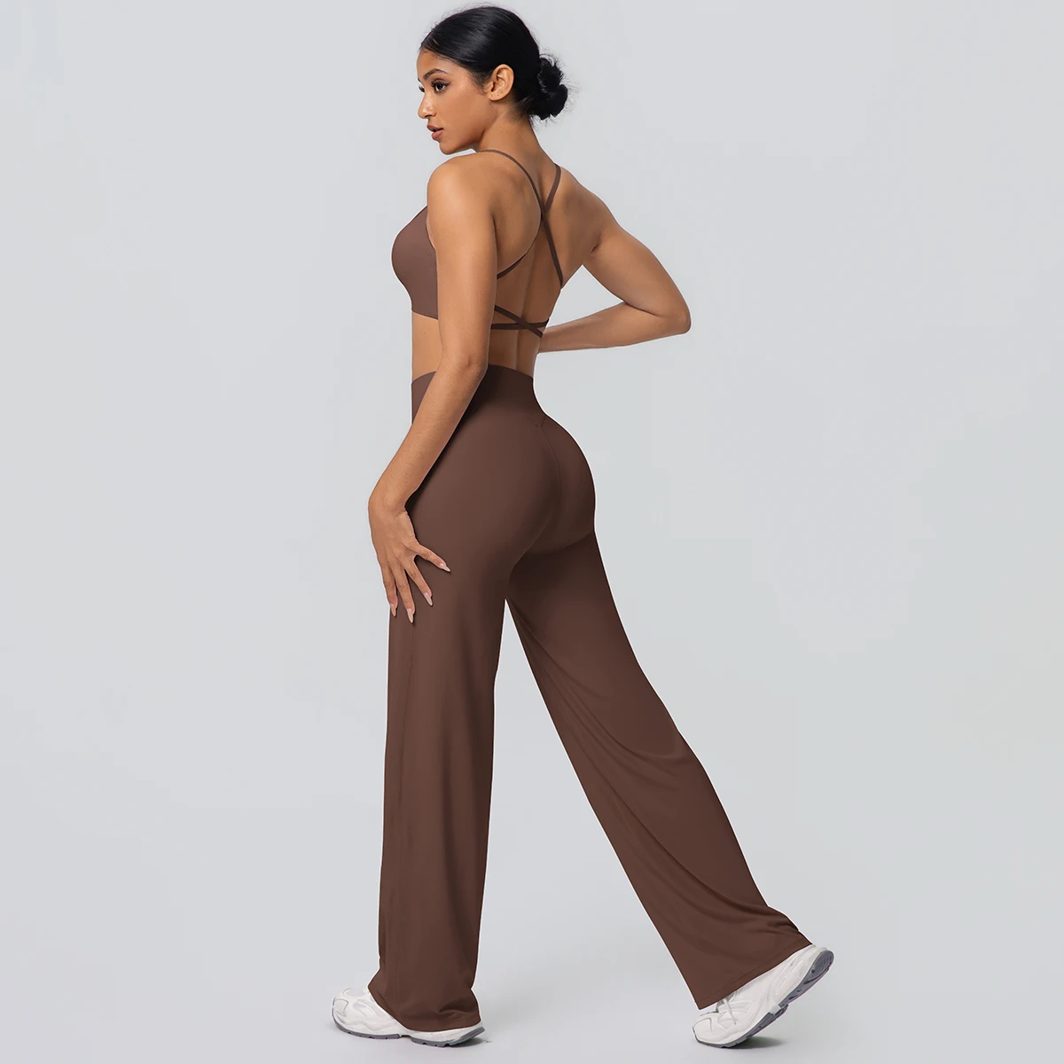 Frauen Gym Sport Yoga Anzug Sexy Schöne Zurück Yoga Unterwäsche Mit Brust Pad Einfarbig Hohe Taille Breite Bein Hosen Yoga Set – Detail 11