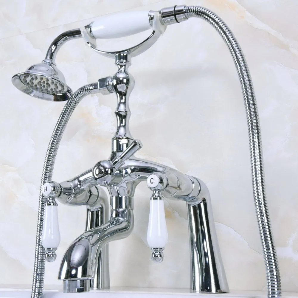 

Chrome Clawfoot Bath Tub Faucet w/Hand Shower Deck Mounted Dual Handles Mixer Tap Lna104