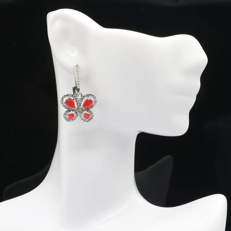 31X18mm Lovely Butterfly Shape Green Emerald Red Ruby White CZ Bride Wedding Daily Wear Silver Earrings