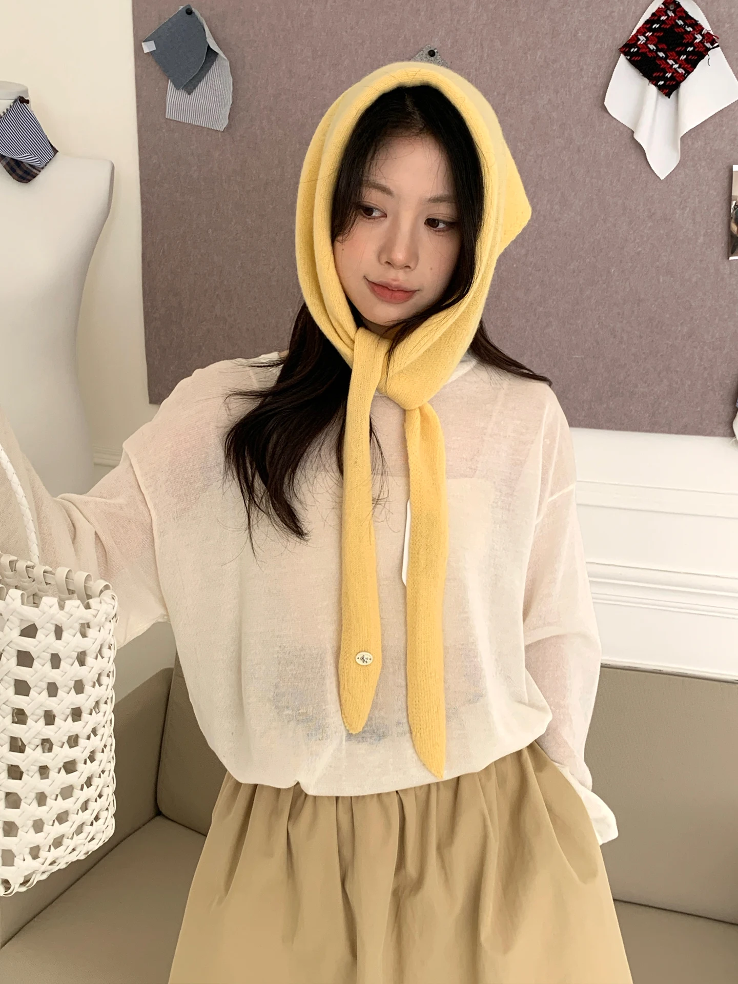 Simple  Color 100 Wool Knitted  Scarf Women's Autumn Winter Korean Style Versatile Layered Small Shoulder Outerwear