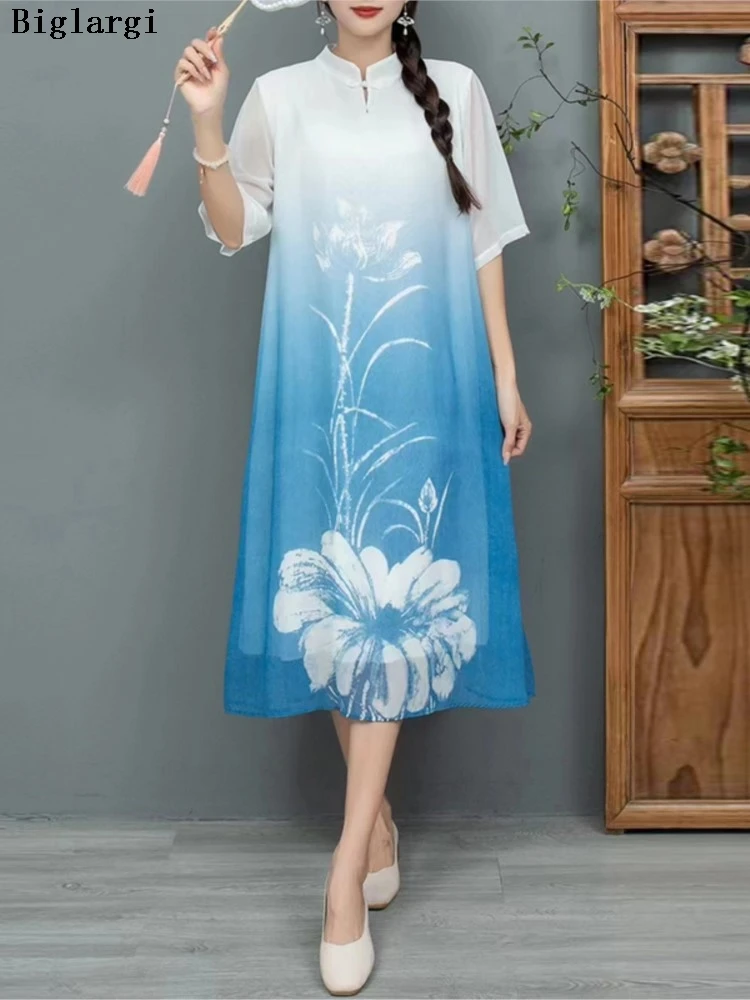 

Oversized Summer Ethnic Style Dress Women Flower Floral Fashion Stand Collar Ladies Dresses Loose A-Line Woman Dress