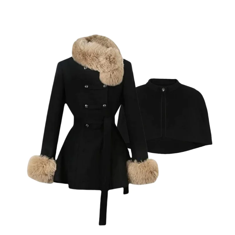 Manteau portefeuille matelassé à taille fine, pardessus en laine + châle détachable en peluche Patchwork, Style Noble d'hiver, ensembles 2 pièces pour femmes, costumes Y2k