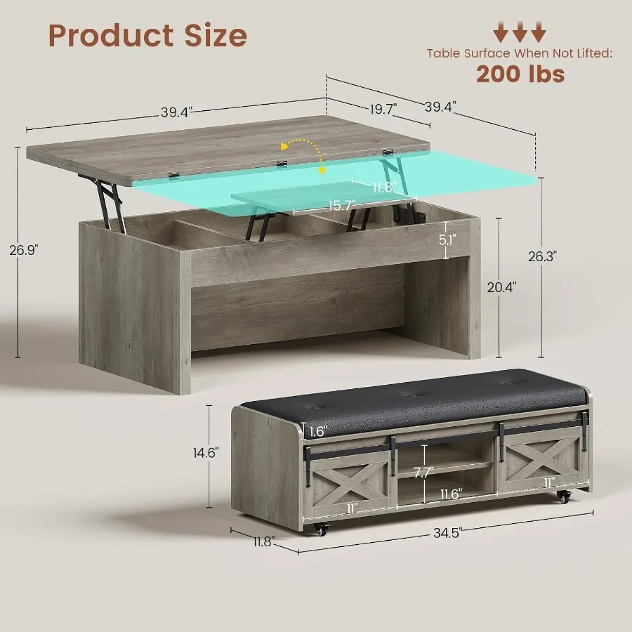 Farmhouse lift top coffee table with storage bench, wood finish, rustic brown, 4-in-1 convertible design for 4-8 people, hidden