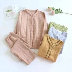 Conjunto pijama de algodão de três camadas para mulheres, calças espessadas de manga comprida, mobiliário doméstico simples, inverno, novo, 2020, 2 peças