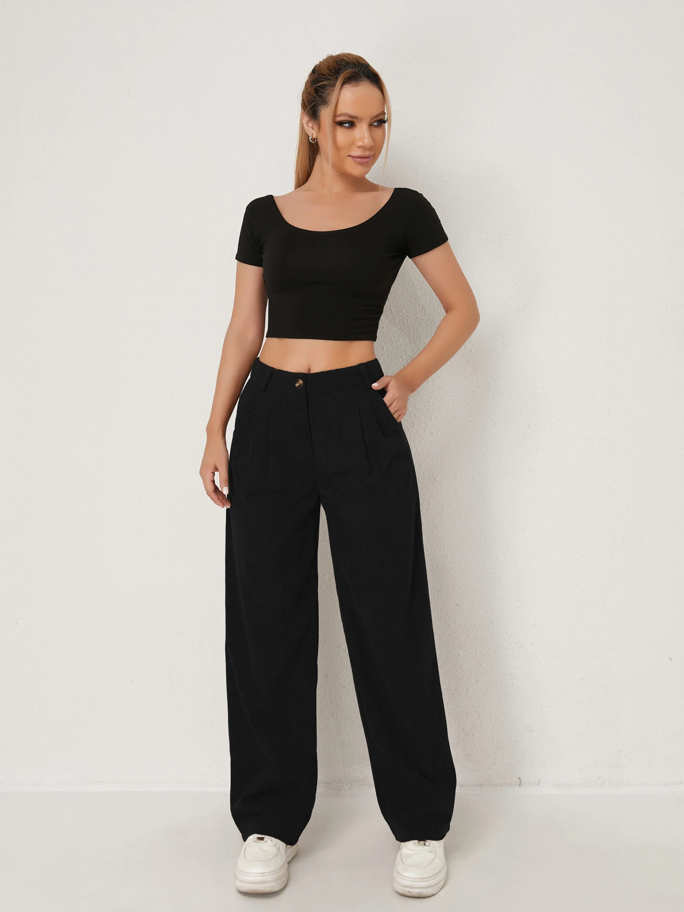 Neue Herbst- und Winter-Freizeitanzüge für Damen in Unifarben aus Cord mit weitem Bein und geraden, samtartigen Hosen, die schlank aussehen – Detail 26
