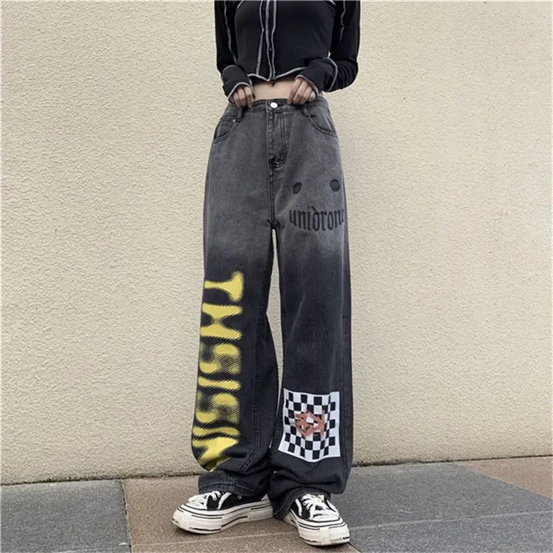 Gradient Jeans Women's New High Street Ins Trendy Design Sense High Waist Slimming Loose Wide Leg Straight Leg Pants