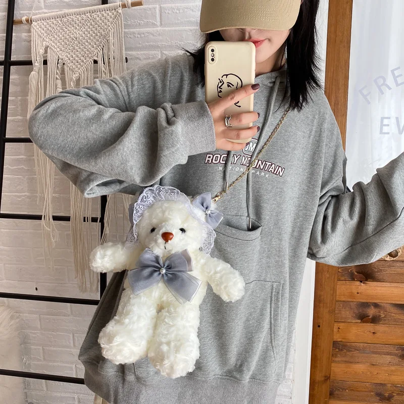 Sacs à bandoulière moelleux pour enfants et femmes, sac à bandoulière ours mignon, Adorable ours en peluche pour filles, nœud perle Lolita Kawaii, sac à main en dentelle douce