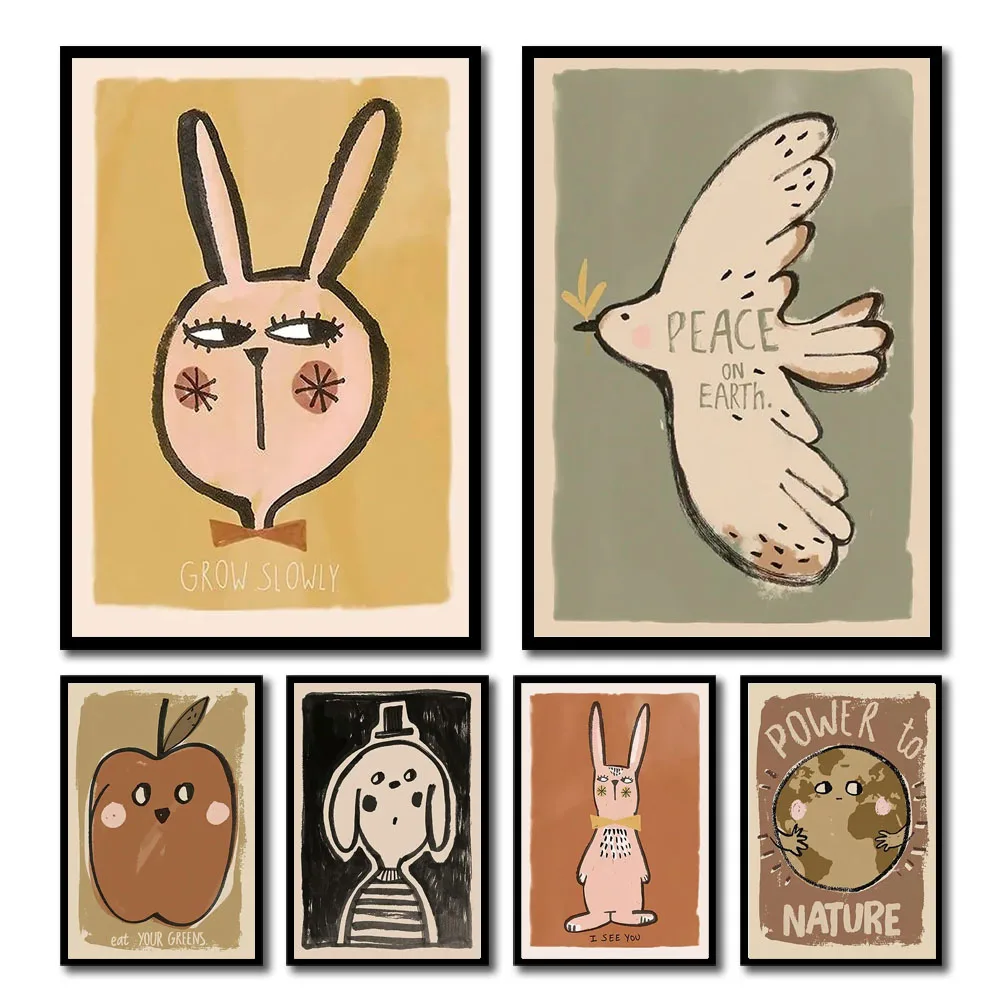 Abstract Cartoon Animal Fruit Art Poster Apple Rabbit White Dove Rainbow Wall Art Picture Canvas Print Painting Modern Home D