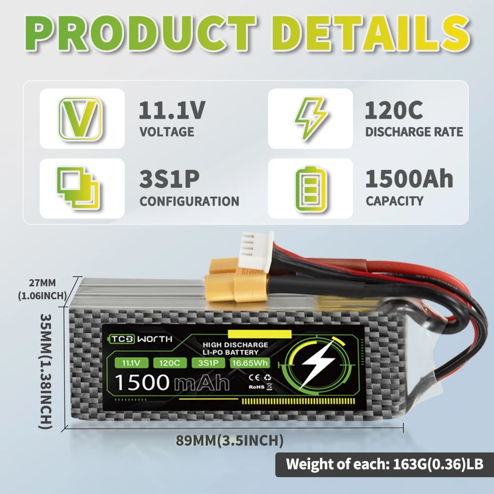 

11.1V 120C 1500mAh 3S Lipo Battery with EC5 Connector Softcase Battery for RC Car Boat Truck Helicopter Airplane Racing Models