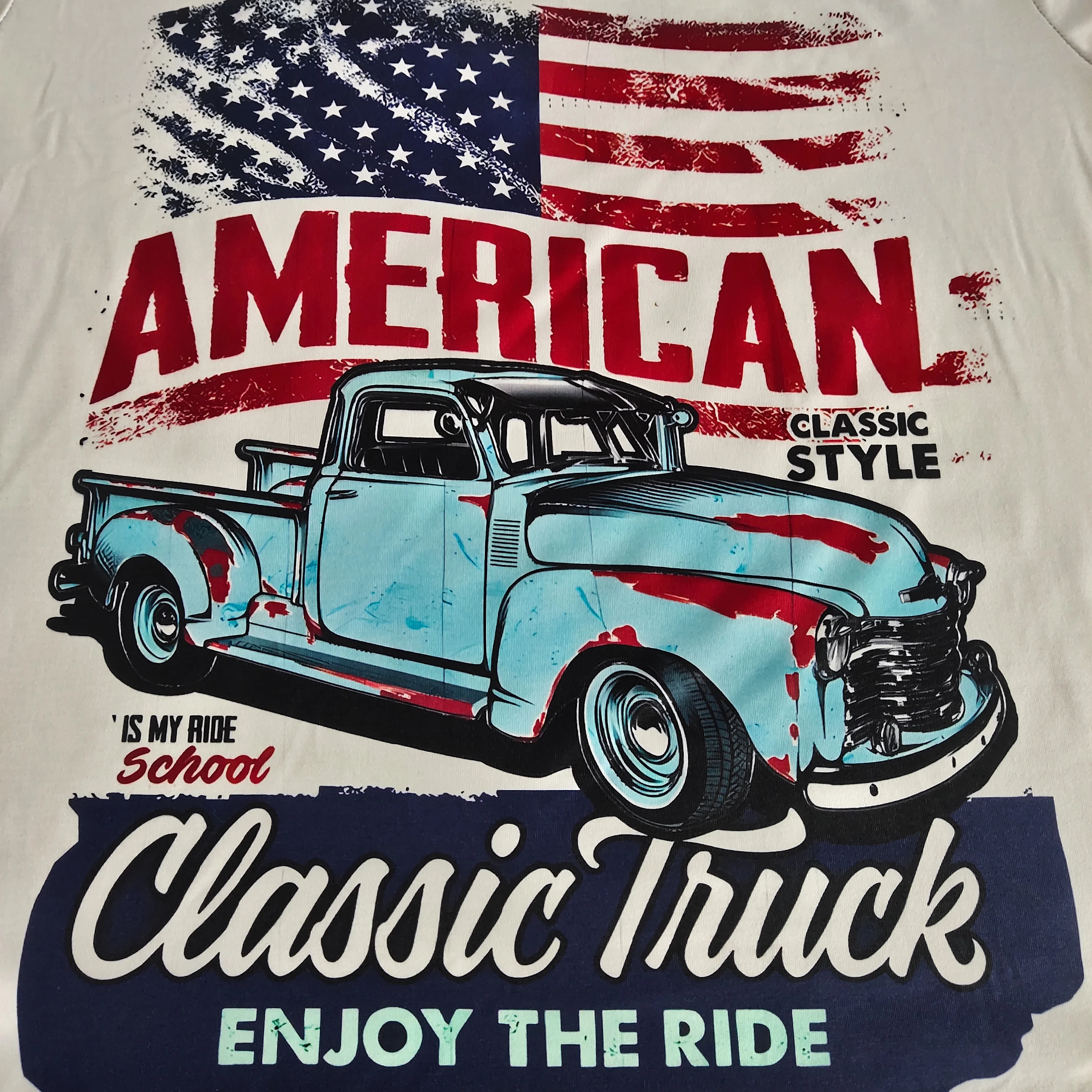 Vintage American Flag Car Print Men's Spring Fall Plus Size Loose Long Sleeve T-Shirt Fashion Street Trend Creative Clothing