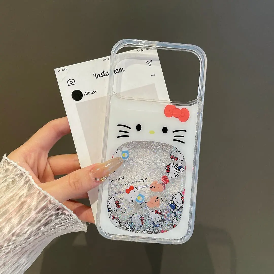 

Cute Cartoon Sanrio Hello Kitty Bling Glitter Liquid Quicksand Phone Case For iPhone 17 16 15 14 13 Pro Max Clear Hard Cover