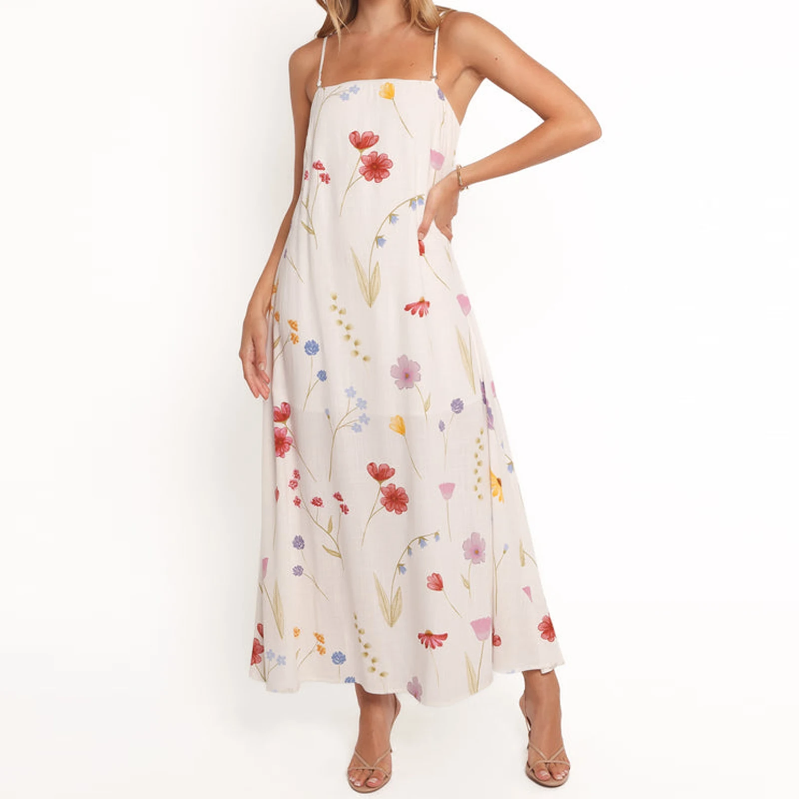 Classic Women Casual Long Dress Floral Print Spaghetti Strap Sleeveless Dress Summer Fashion Casual Cami Dress