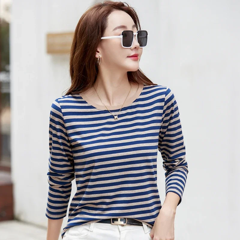 

Korean Autumn Women’s Long Sleeve T-shirt Cotton New Fashion Knit Basic Stretch Stripped Tee Shirts For Women 2024